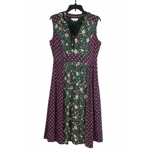 Boden Green Floral Pink Polka Dot Midi Dress Sleeveless Tie Neck US 10R Cottage